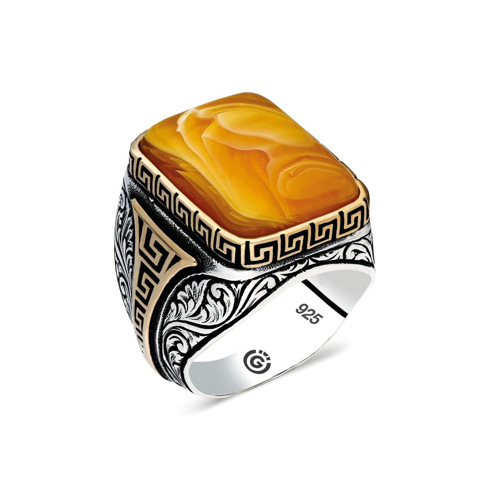 Silver Ottoman Style Amber Stone Ring