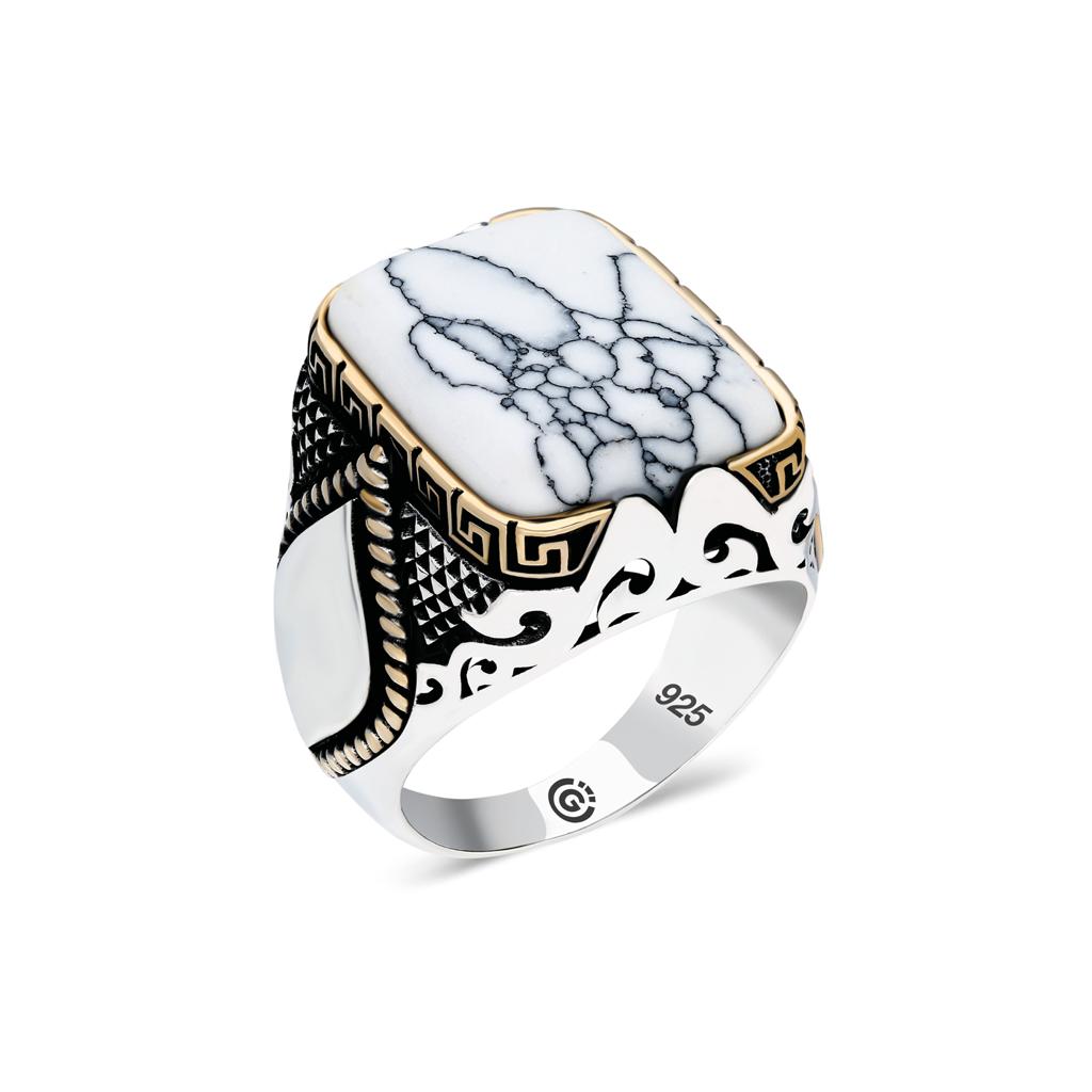 Silver Ottoman Style White Turquoise Stone Ring