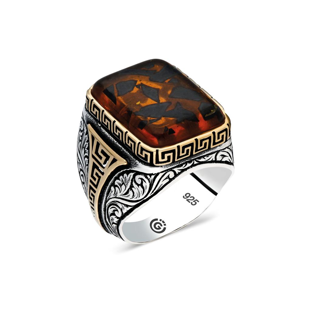 Silver Handmade Greek Model Ottoman Style Amber Ring