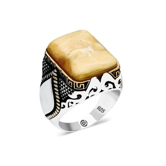 Silver Amber Stone Ottoman Style Ring