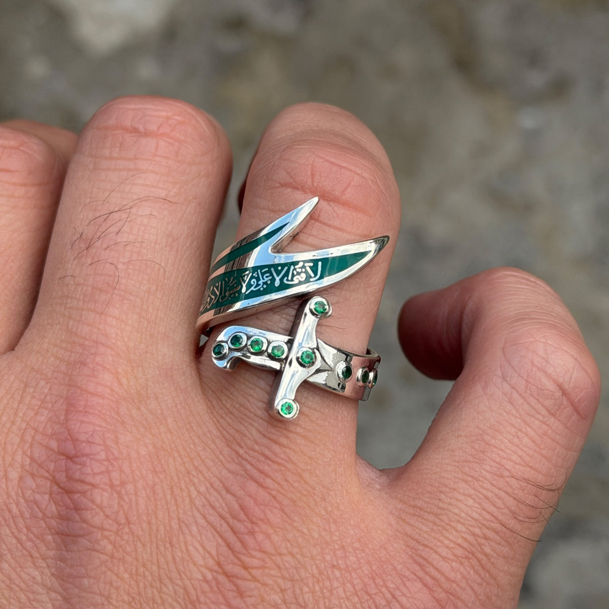 925 Sterling Silver Zulfiqar Sword Ring with Emerald Stone for Men