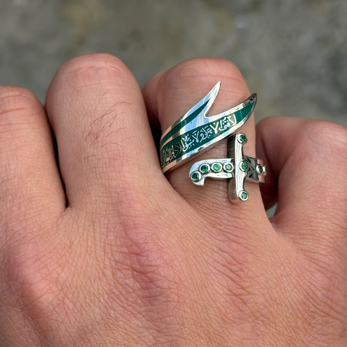 925 Sterling Silver Zulfiqar Sword Ring with Emerald Stone for Men