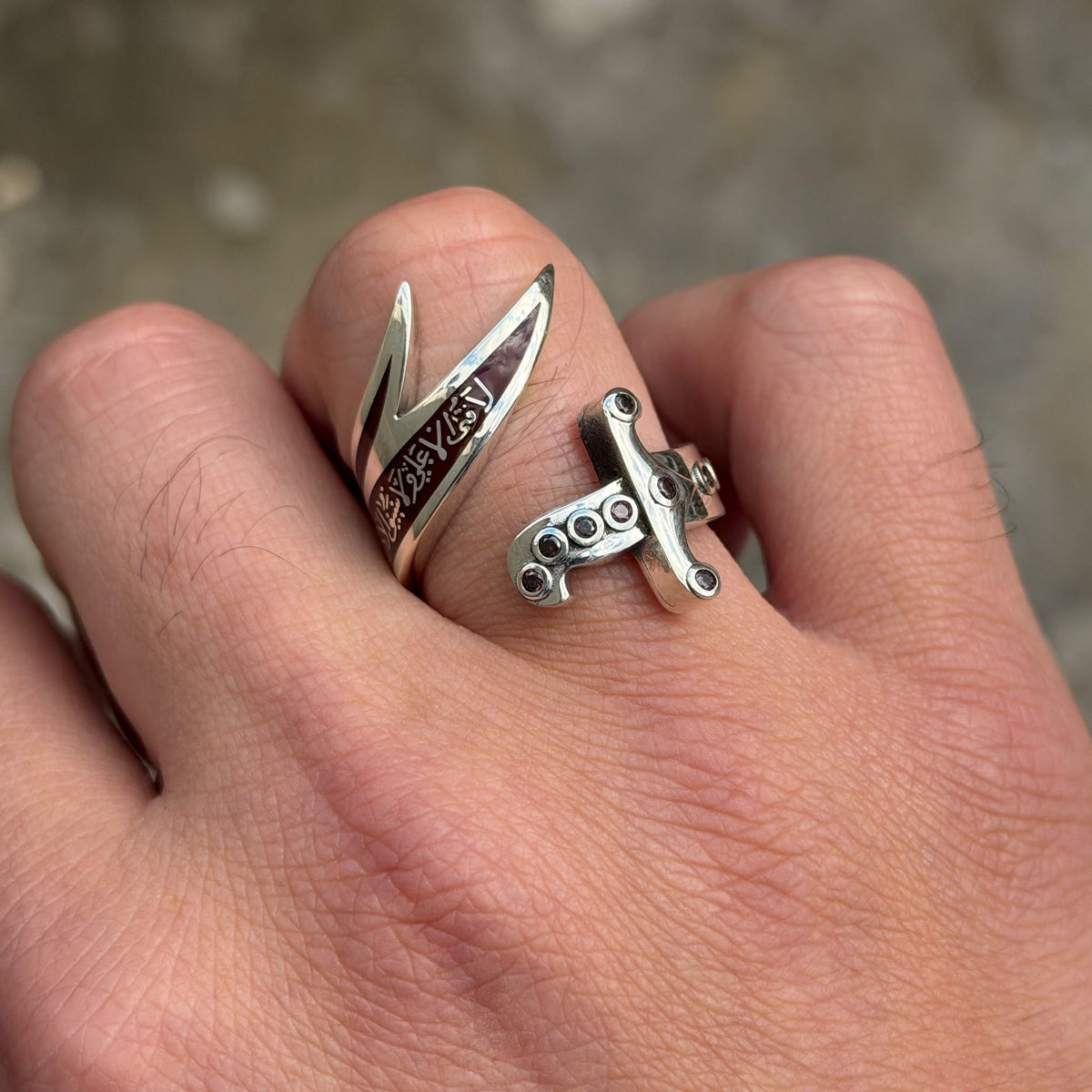 925 Sterling Silver Double Zulfiqar Sword Ring with Ruby Stone