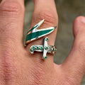 925 Sterling Silver Double Zulfiqar Sword Ring with Emerald Stone