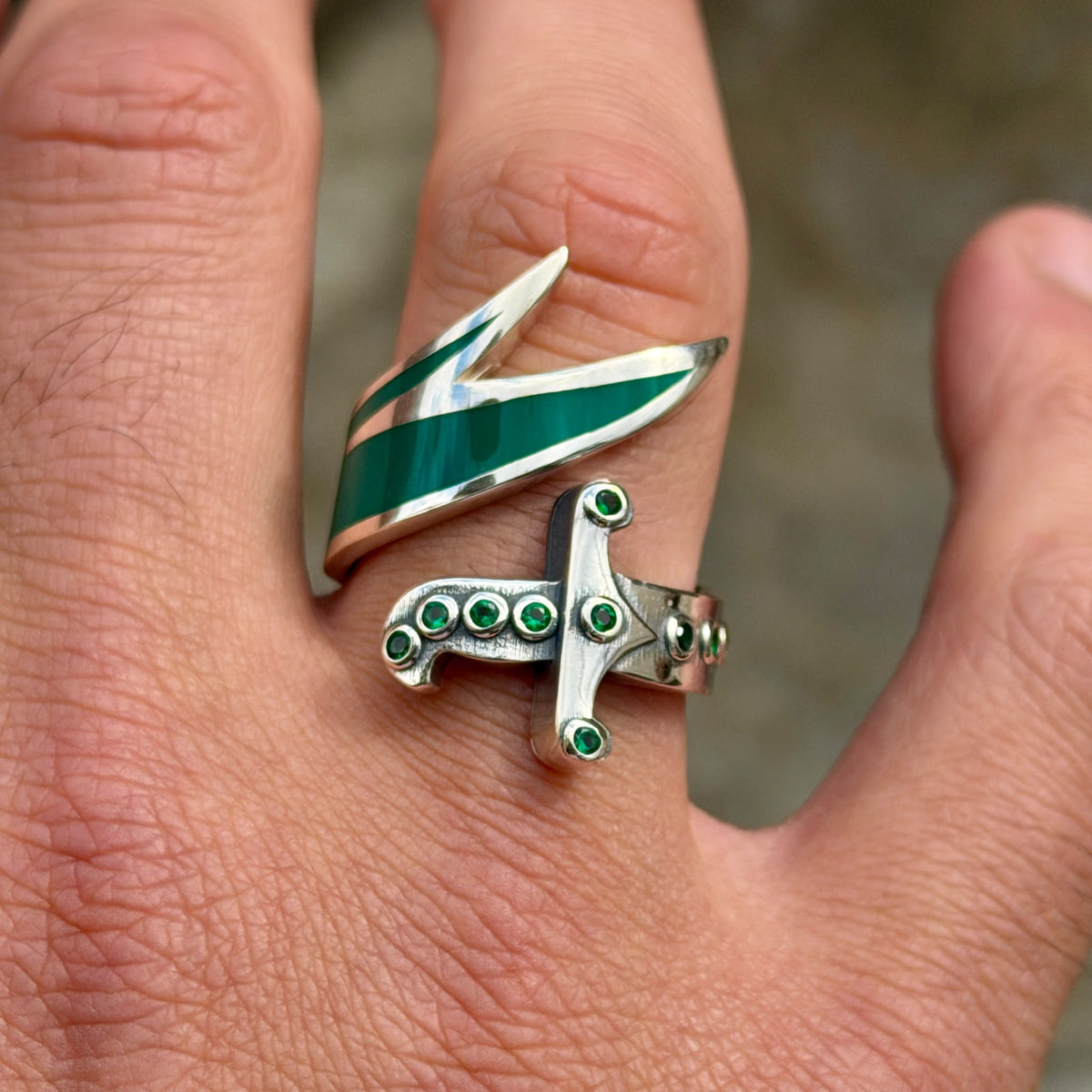 925 Sterling Silver Double Zulfiqar Sword Ring with Emerald Stone