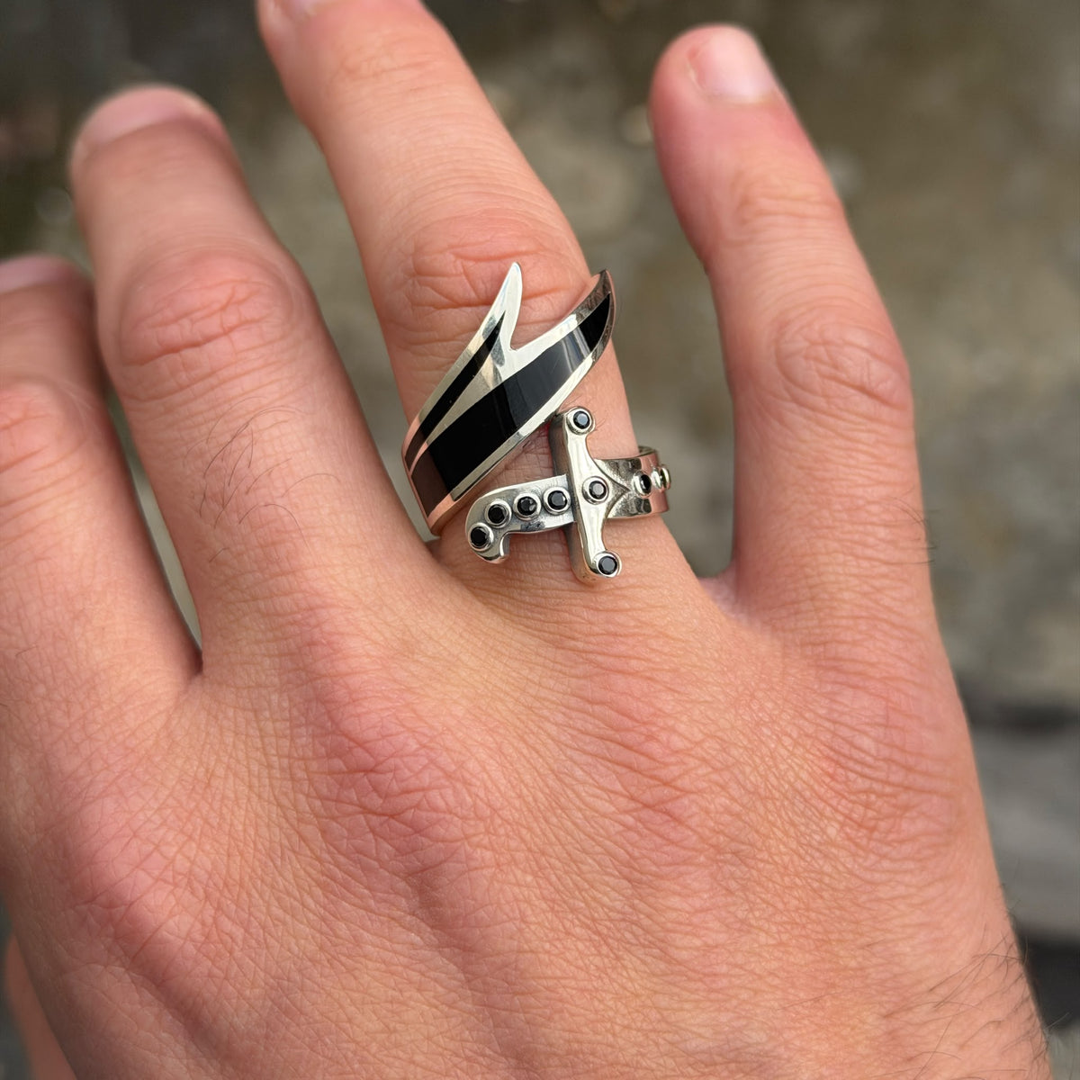 925 Sterling Silver Zulfiqar Sword Ring with Black Onyx for Men