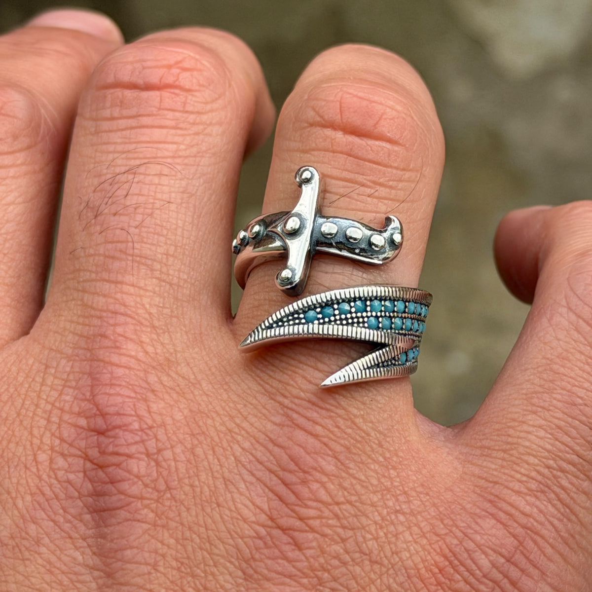 925 Sterling Silver Zulfiqar Sword Ring with Turquoise Stone