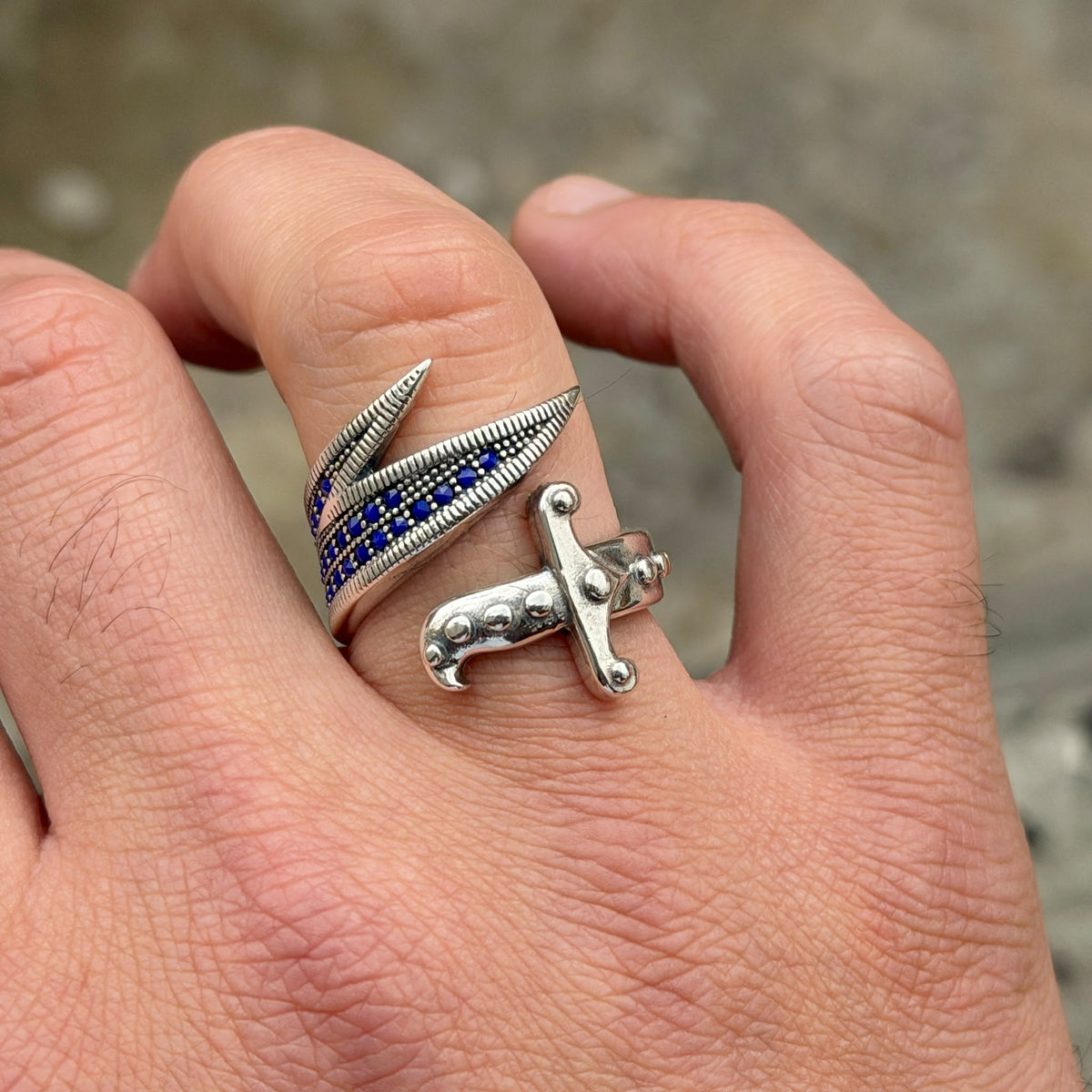 925 Sterling Silver Adjustable Zulfiqar Sword Ring with Sapphire Stone