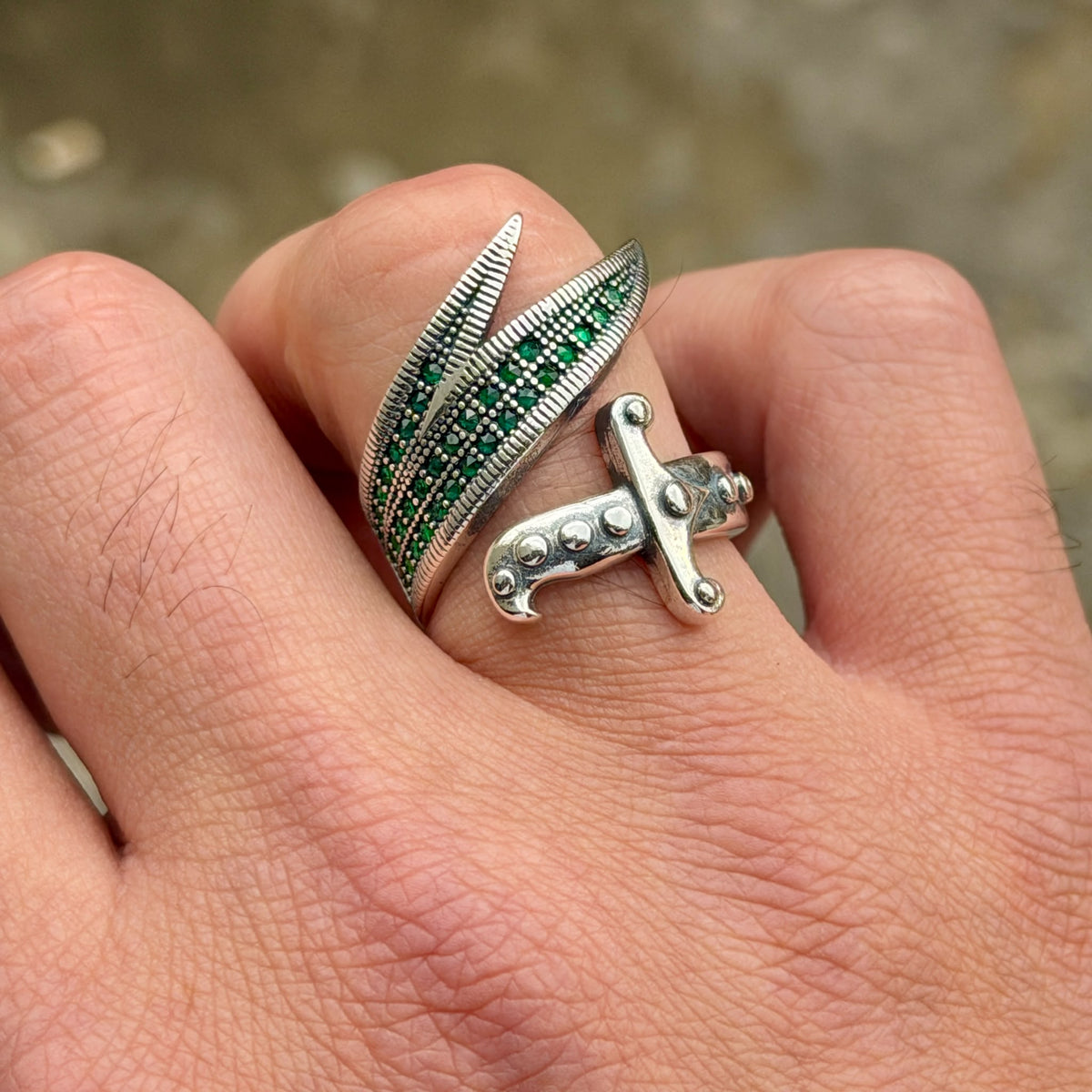 925 Sterling Silver Zulfiqar Sword Ring with Emerald Stone for Men