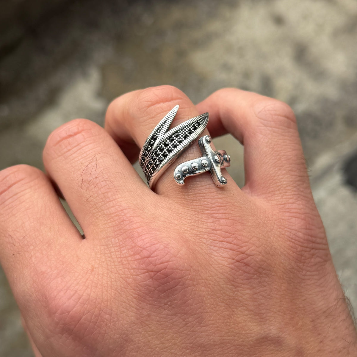 925 Sterling Silver Zulfiqar Sword Ring with Black Onyx for Men