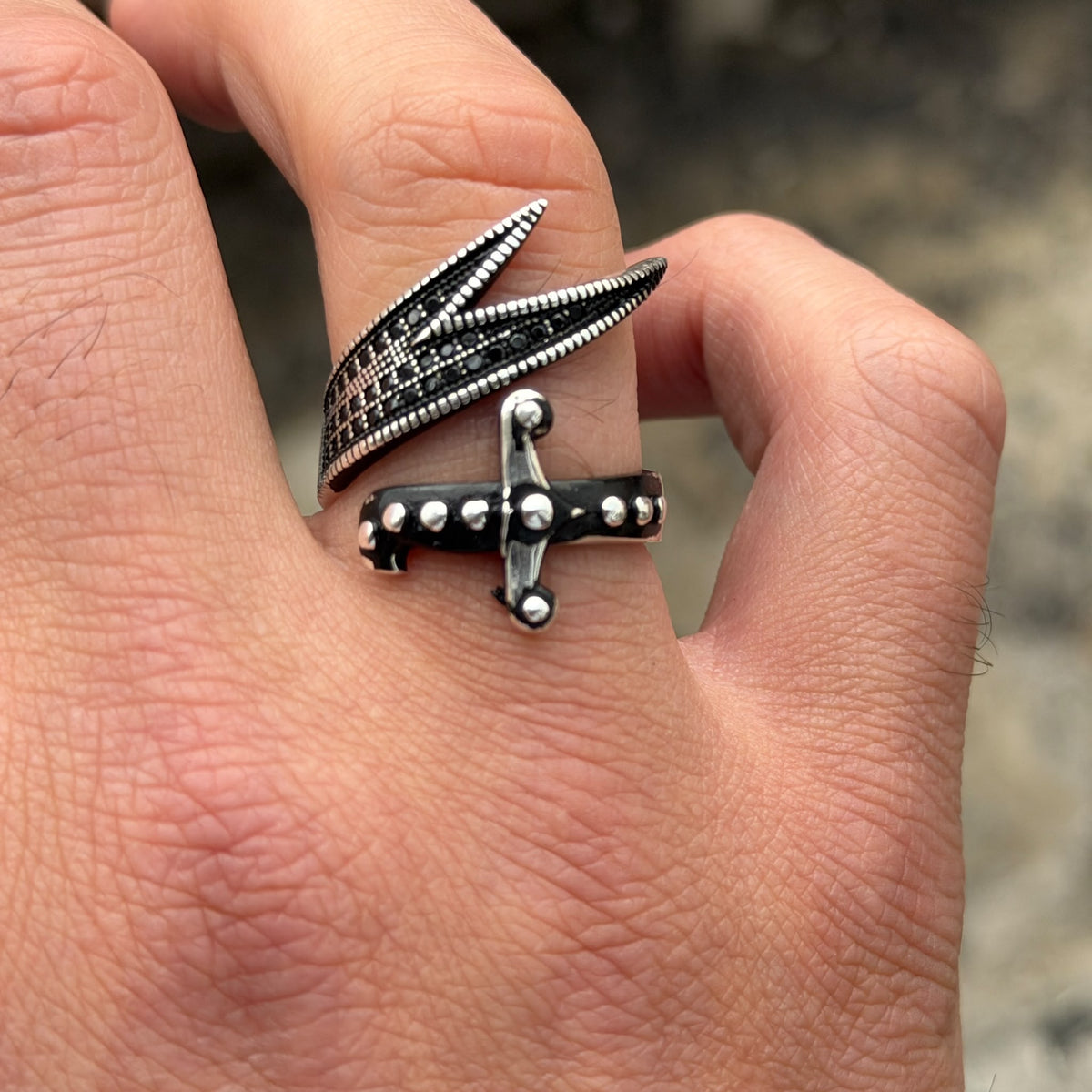 925 Sterling Silver Adjustable Zulfiqar Sword Ring with Black Onyx