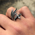 925 Sterling Silver Adjustable Zulfiqar Sword Ring with Black Onyx