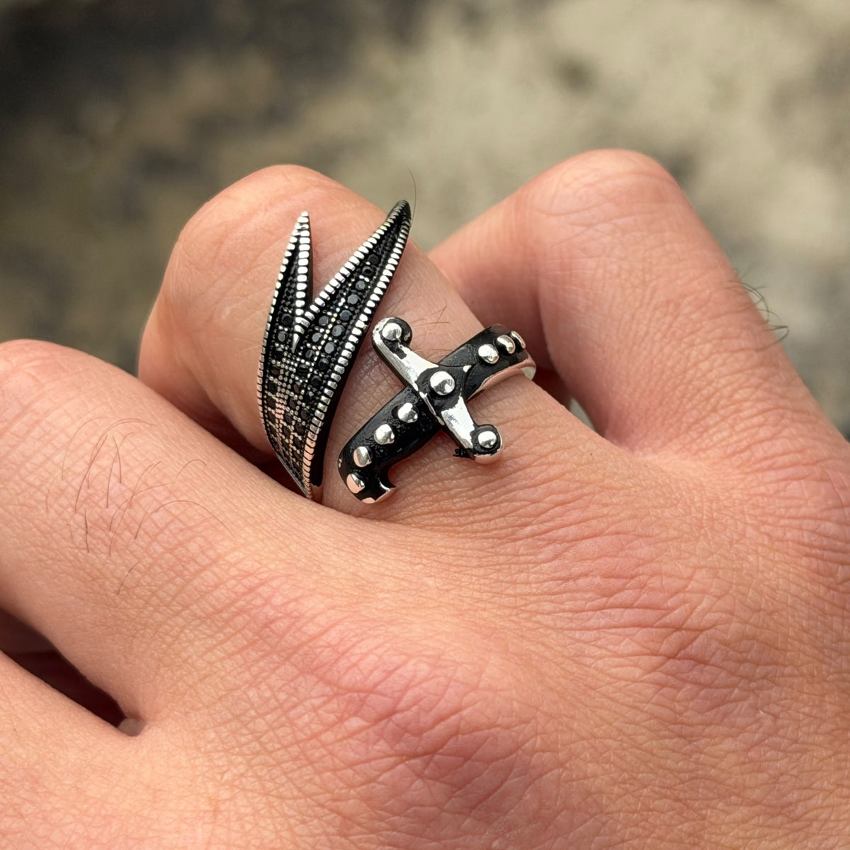 925 Sterling Silver Adjustable Zulfiqar Sword Ring with Black Onyx