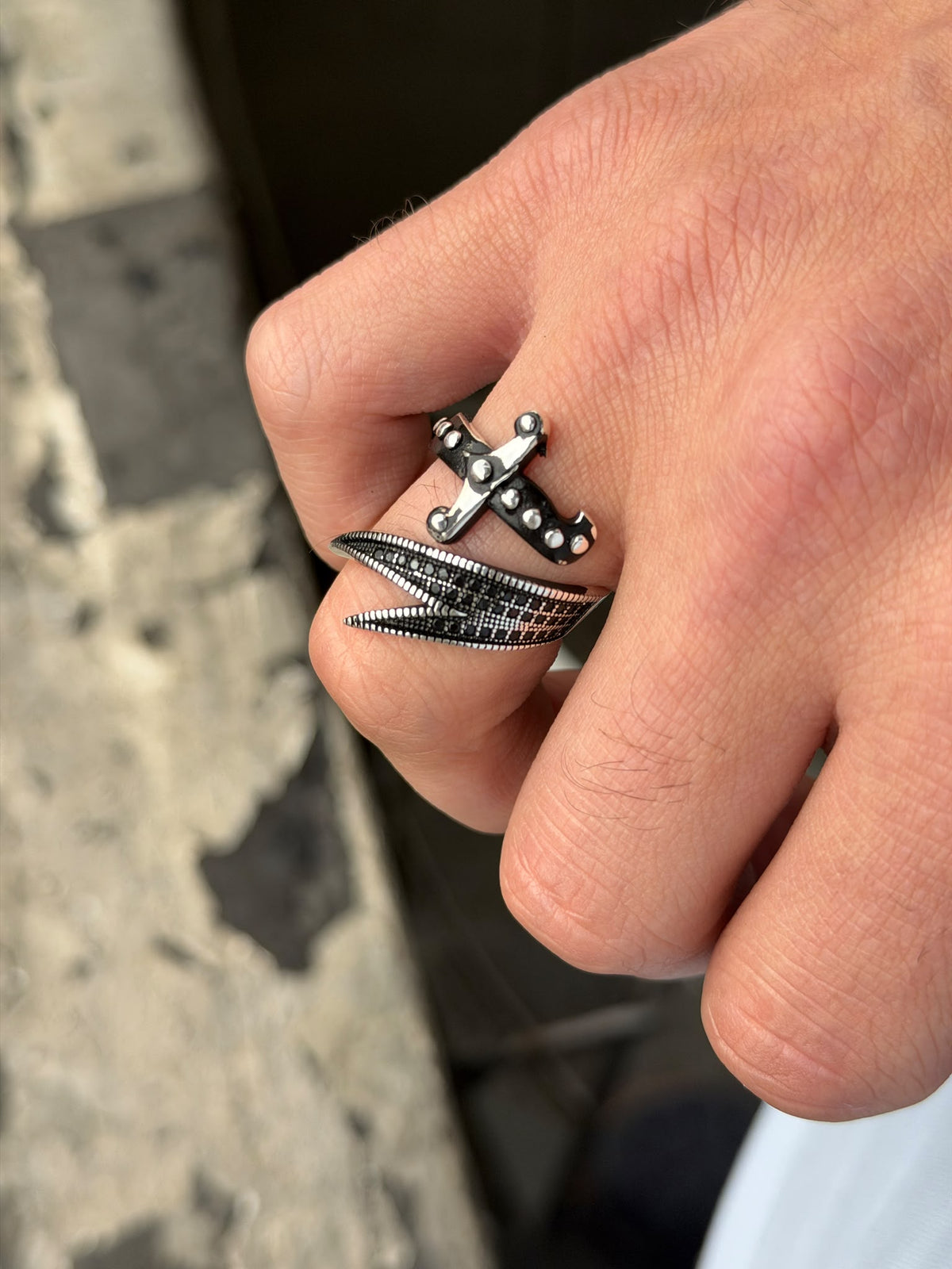 925 Sterling Silver Adjustable Zulfiqar Sword Ring with Black Onyx