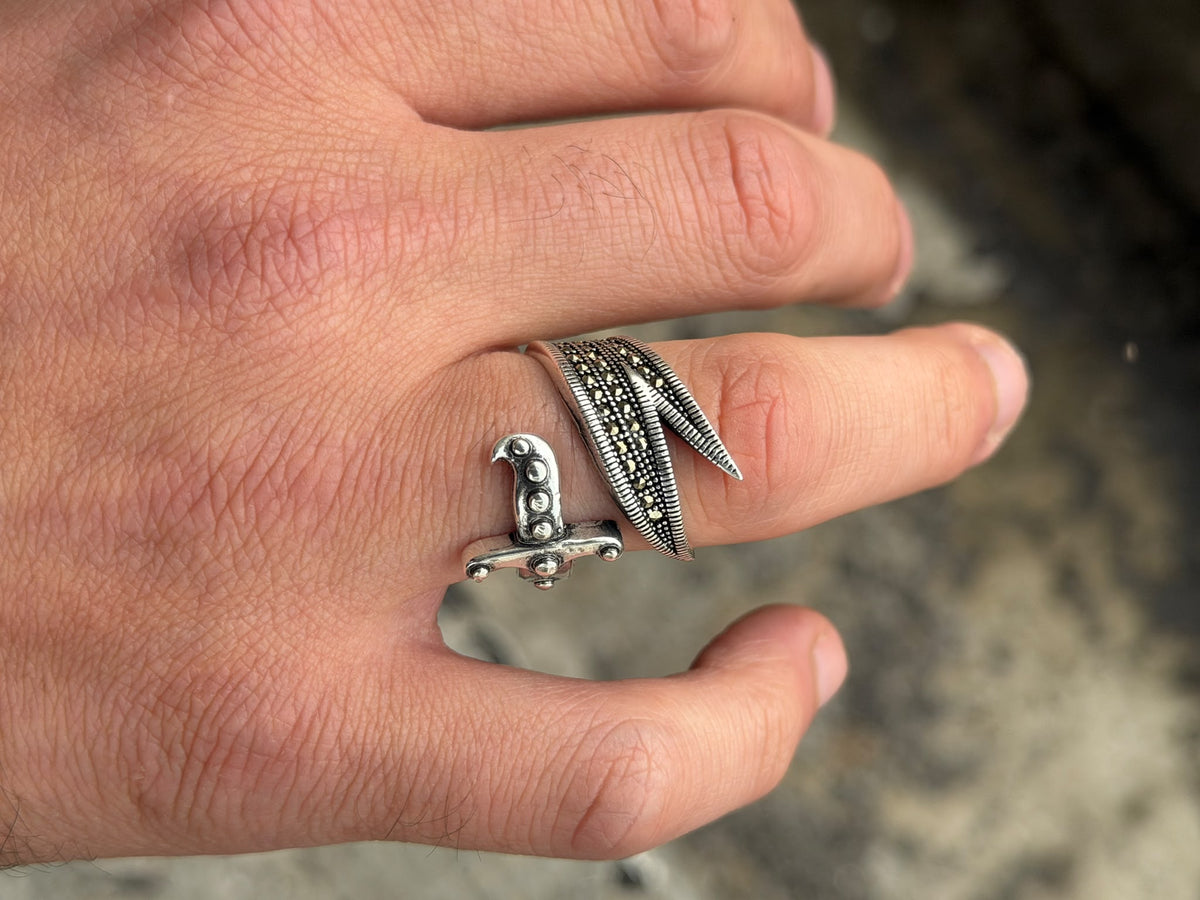925 Sterling Silver Double Zulfiqar Sword Ring with Marcasite Stones