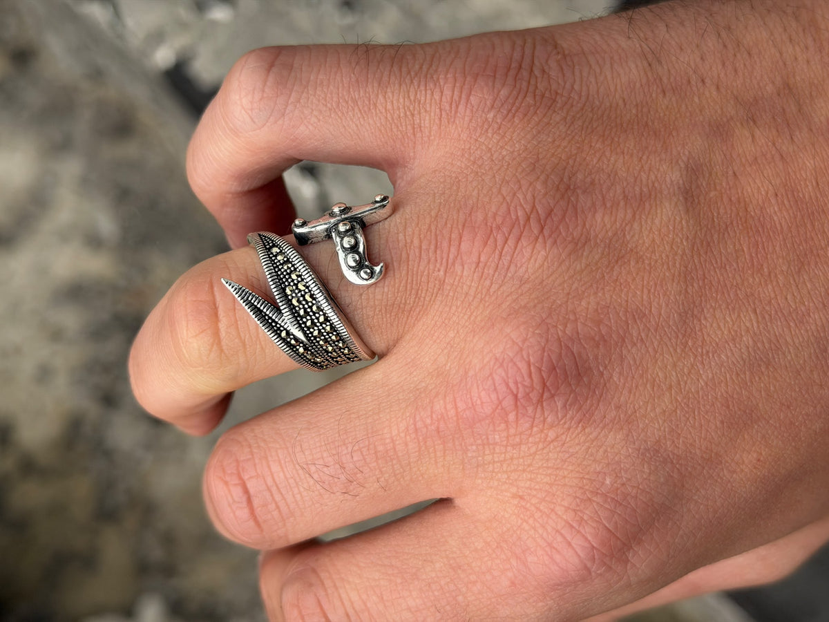 925 Sterling Silver Double Zulfiqar Sword Ring with Marcasite Stones