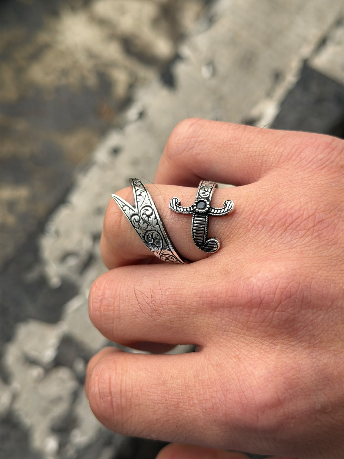 925 Sterling Silver Engraved Double Zulfiqar Sword Ring