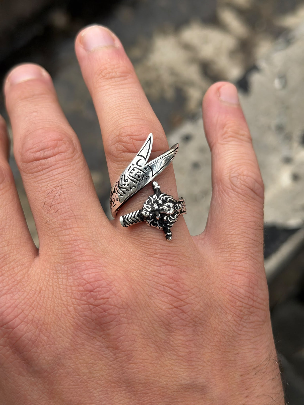 925 Sterling Silver Leon Head Double Zulfiqar Sword Ring