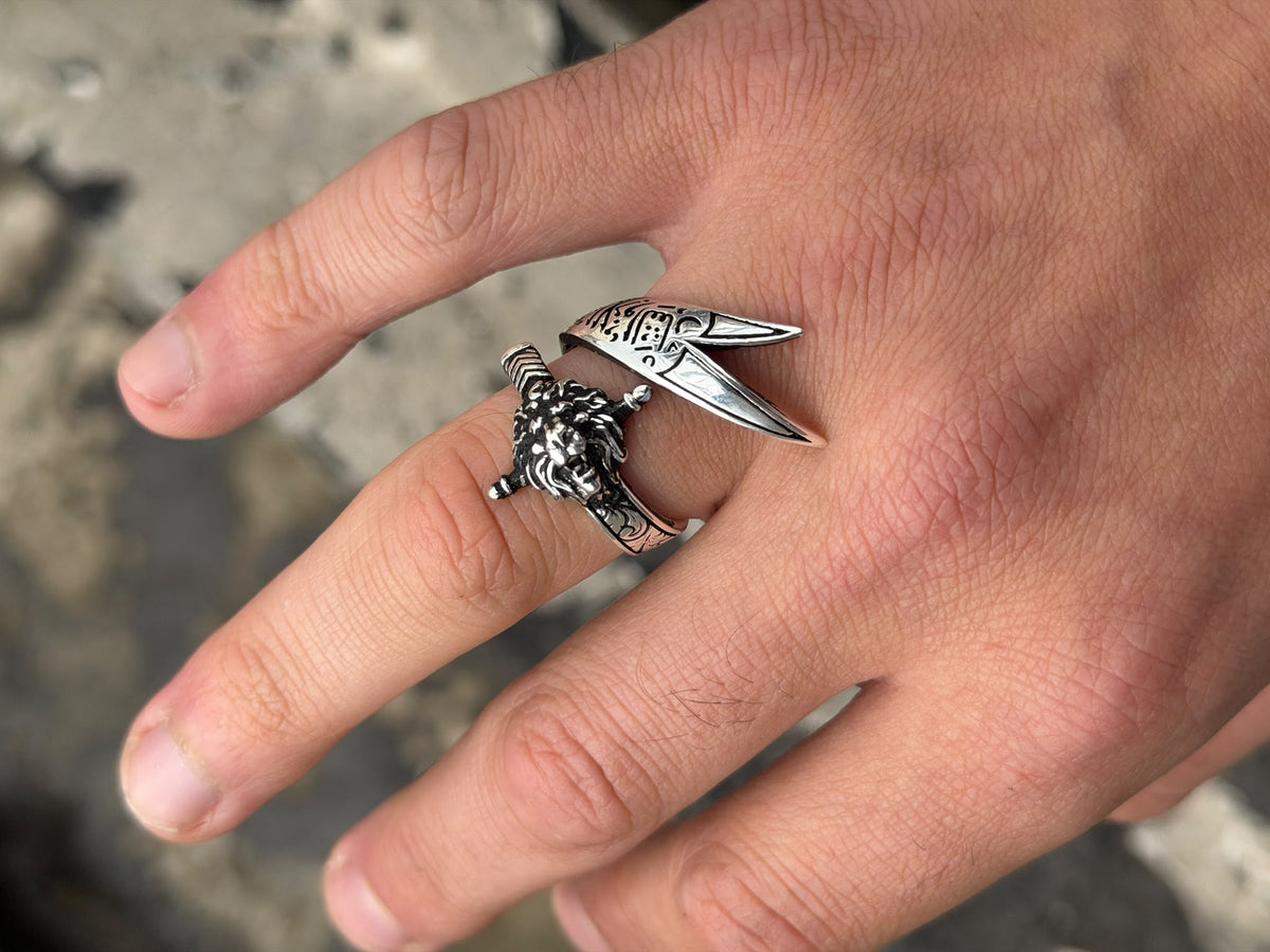 925 Sterling Silver Leon Head Double Zulfiqar Sword Ring