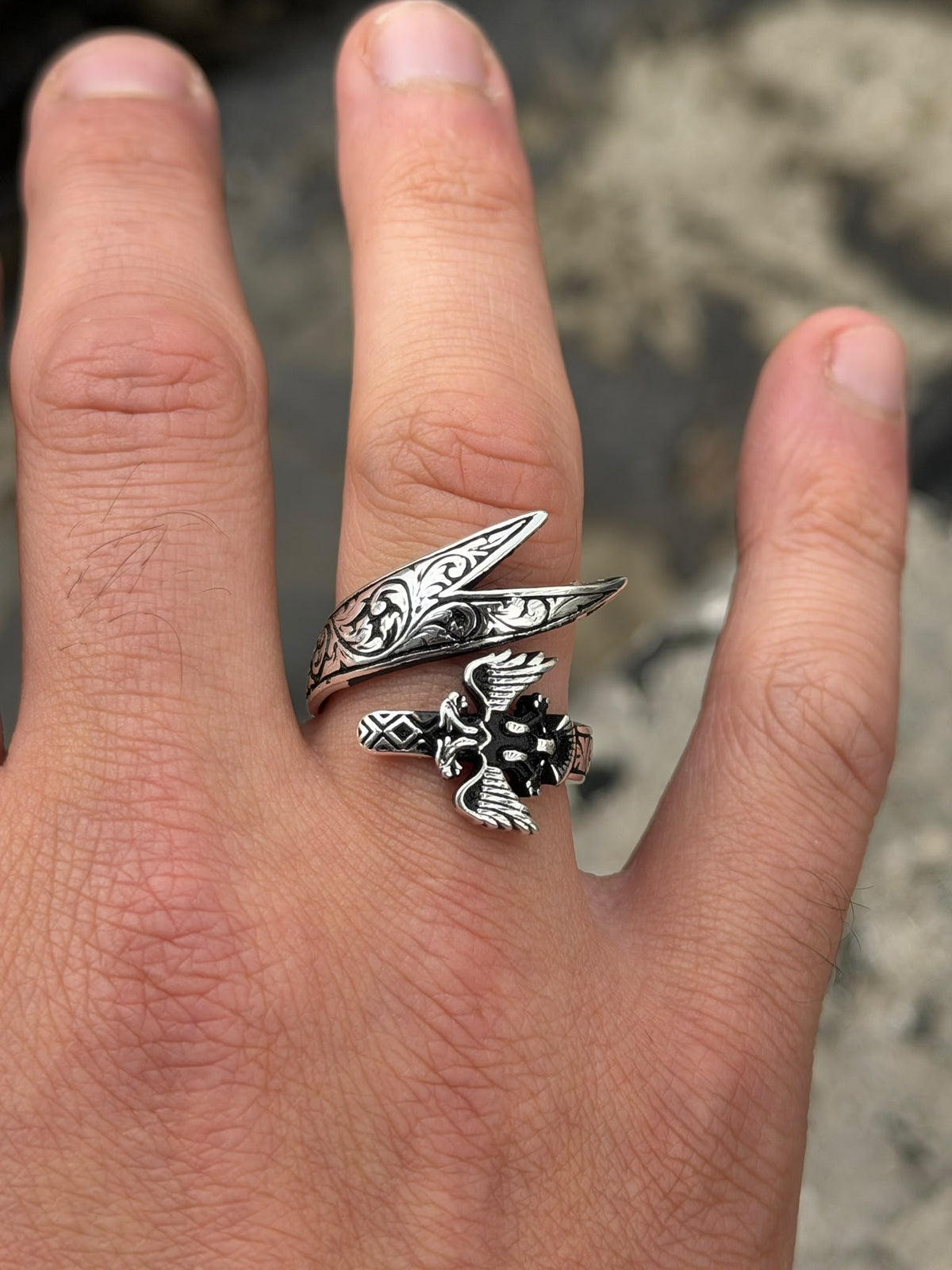 925 Sterling Silver Eagle Head Double Sword Ring
