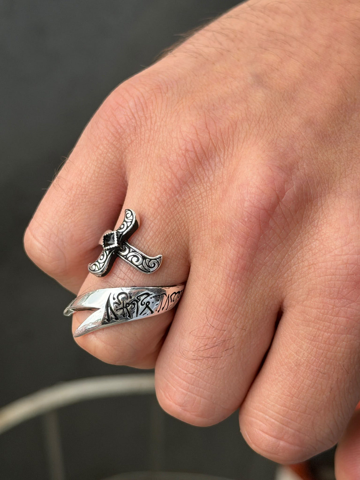 925 Sterling Silver Onyx Zulfiqar Sword Ring for Men