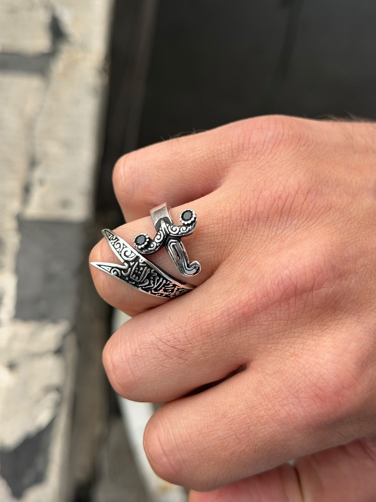 925 Sterling Silver Black Stone Zulfiqar Sword Ring for Men