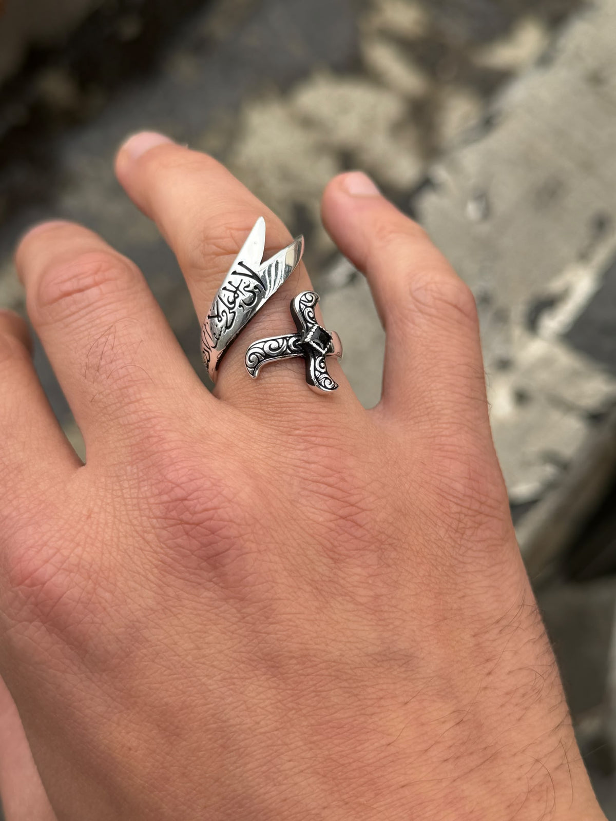 925 Sterling Silver Onyx Zulfiqar Sword Ring for Men