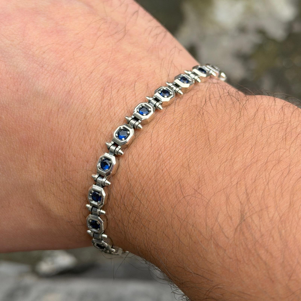 925 Silver Sapphire Stone Chain Bracelet, Men Blue Stone Bracelet, Vintage Chain Bracelet, Byzantine Bracelet, Curb Chain Bracelet