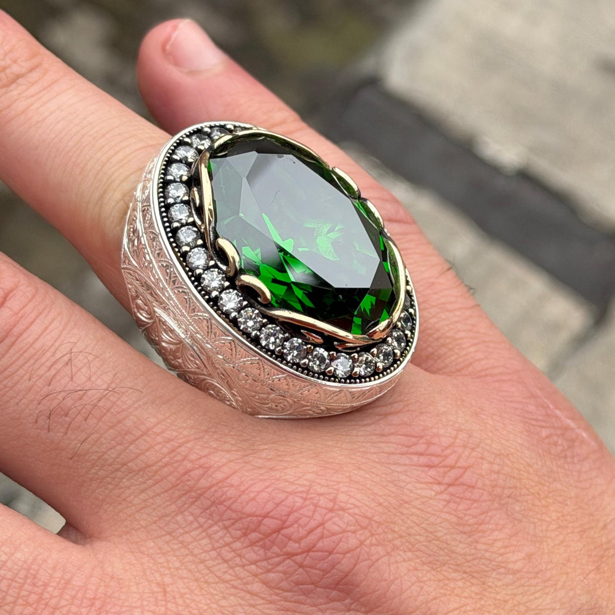 Men Silver Emerald Gemstone Ring, Engraved Green Men Ring, Solid Silver Men Ring, Ottoman Men's Ring, Green Peridot Signet Ring, 925 Ring