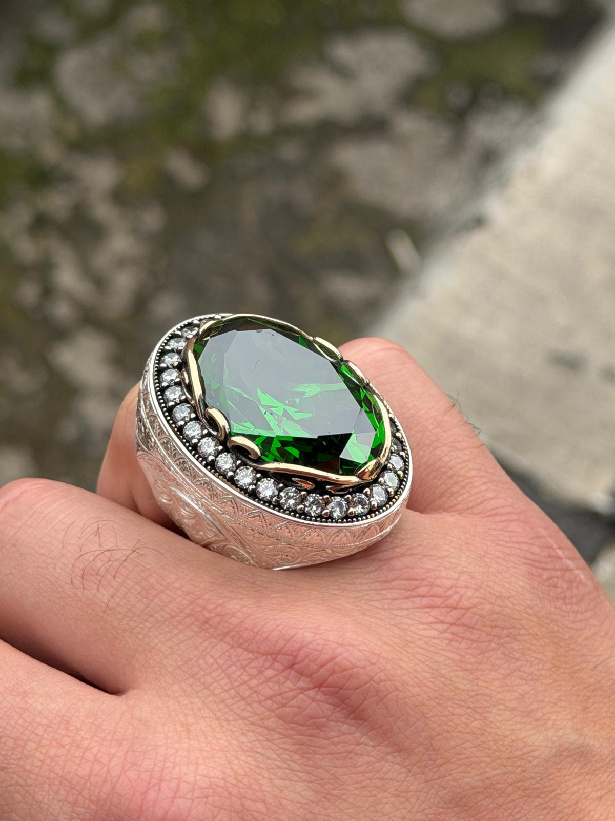 Men Silver Emerald Gemstone Ring, Engraved Green Men Ring, Solid Silver Men Ring, Ottoman Men's Ring, Green Peridot Signet Ring, 925 Ring