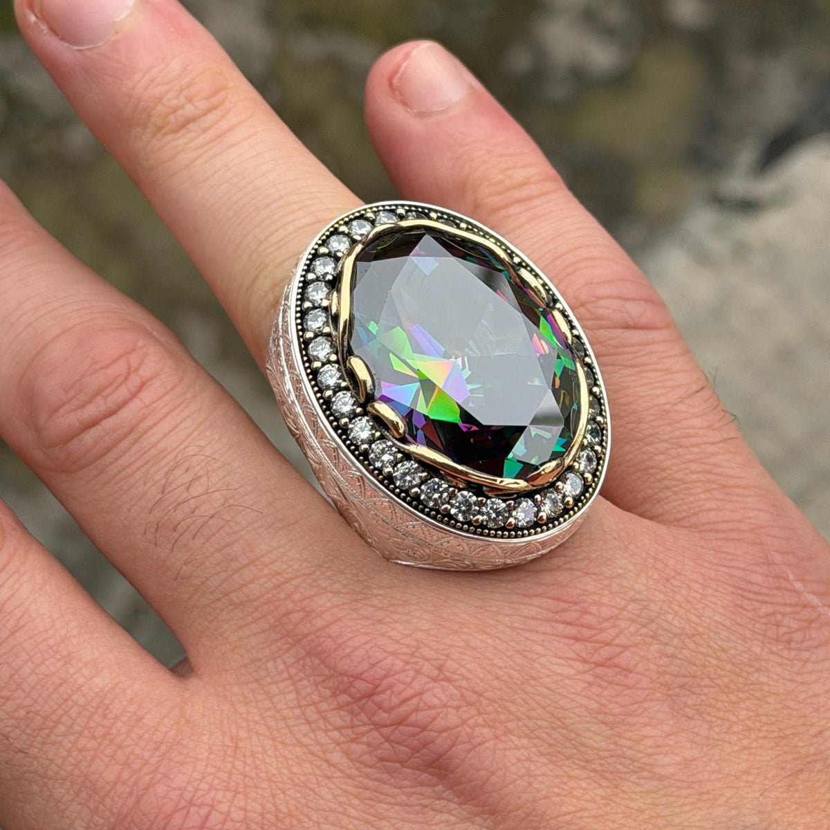 Men Silver Large Mystic Topaz Ring, Rainbow Gemstone Ring, Solid Silver Handmade Large Ring, Colorized Gemstone Ring