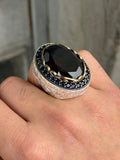 925 Men Silver Large Sapphire Ring, Large Dark Sapphire Ring, Turkish Handmade Men Ring, Blue Vintage Sapphire Ring, Ottoman Ring