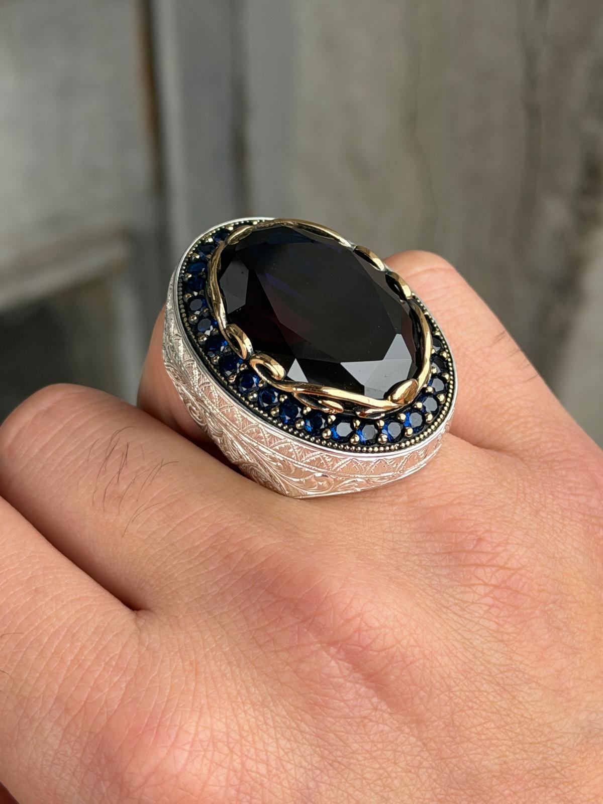 925 Men Silver Large Sapphire Ring, Large Dark Sapphire Ring, Turkish Handmade Men Ring, Blue Vintage Sapphire Ring, Ottoman Ring