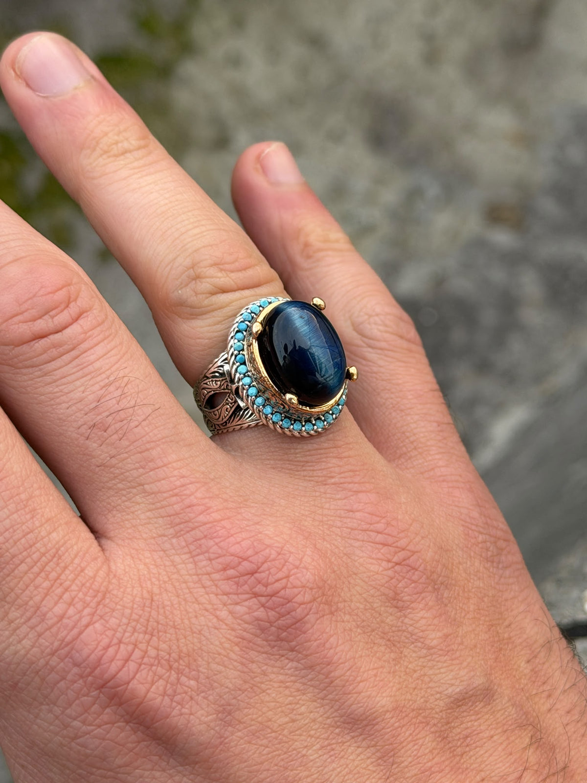 925 Silver Blue Tiger Eye Stone Ring, Vintage Tiger Eye Gemstone Ring , Handmade Silver Ring , Ottoman Style, 925K Sterling Silver Ring