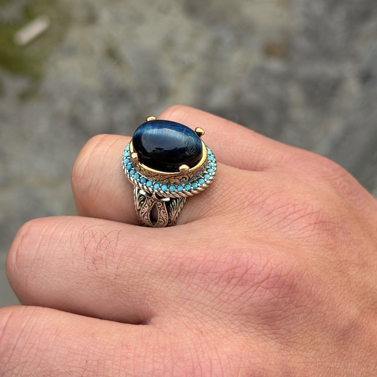 925 Silver Blue Tiger Eye Stone Ring, Vintage Tiger Eye Gemstone Ring , Handmade Silver Ring , Ottoman Style, 925K Sterling Silver Ring
