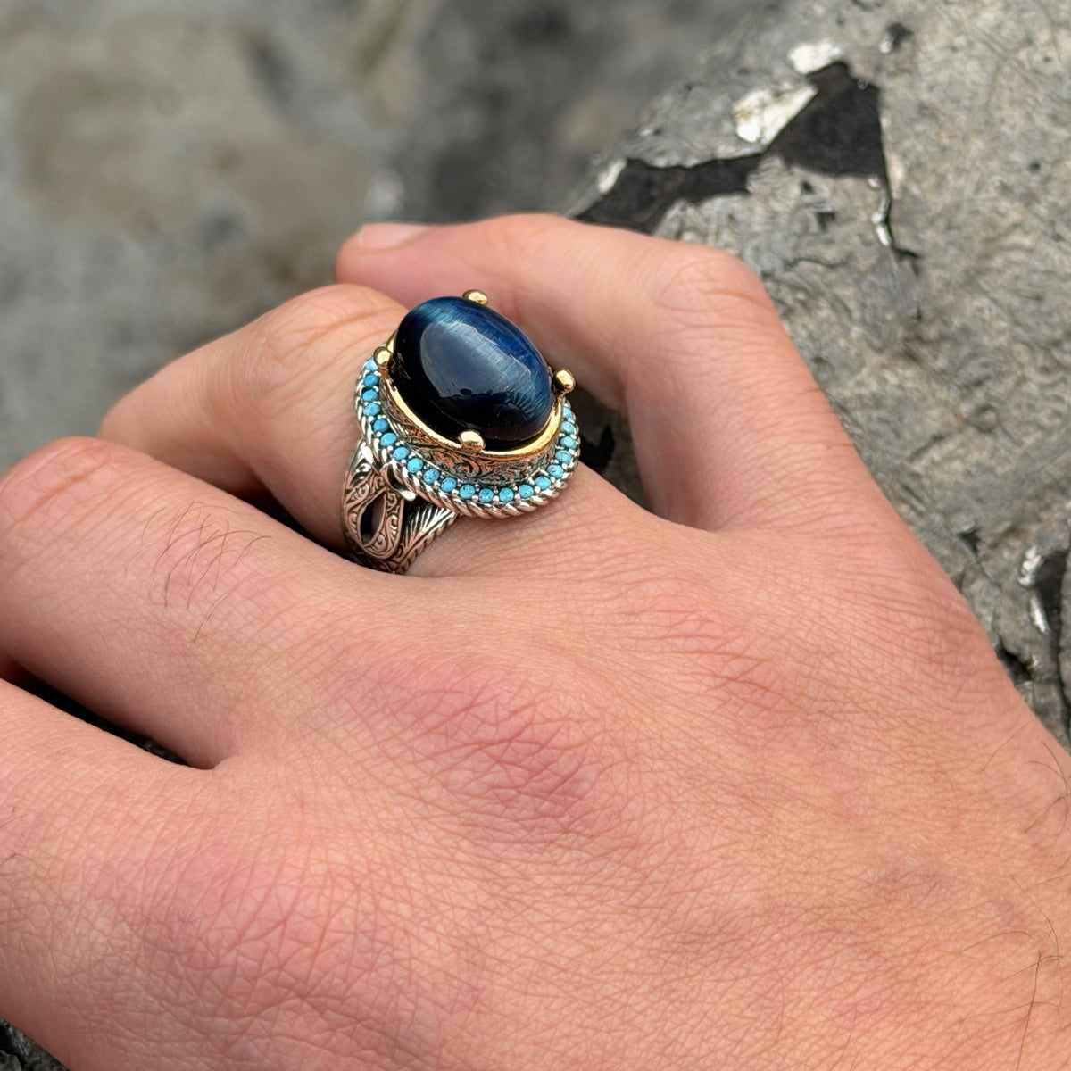 925 Silver Blue Tiger Eye Stone Ring, Vintage Tiger Eye Gemstone Ring , Handmade Silver Ring , Ottoman Style, 925K Sterling Silver Ring