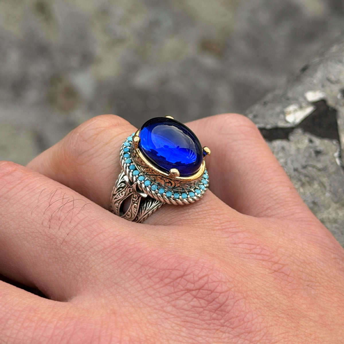 Men Blue Sapphire Stone Ring, Vintage Silver Sapphire Stone Ring, Turkısh Handmade Ring , Ottoman Style Ring , 925k Sterling Silver Ring