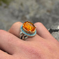 Men Orange Amber Ring, Silver Vintage Ring, Natural Amber Gemstone Ring, Handmade Men Ring, Father Day Gift, Anniversary Gifts for Him