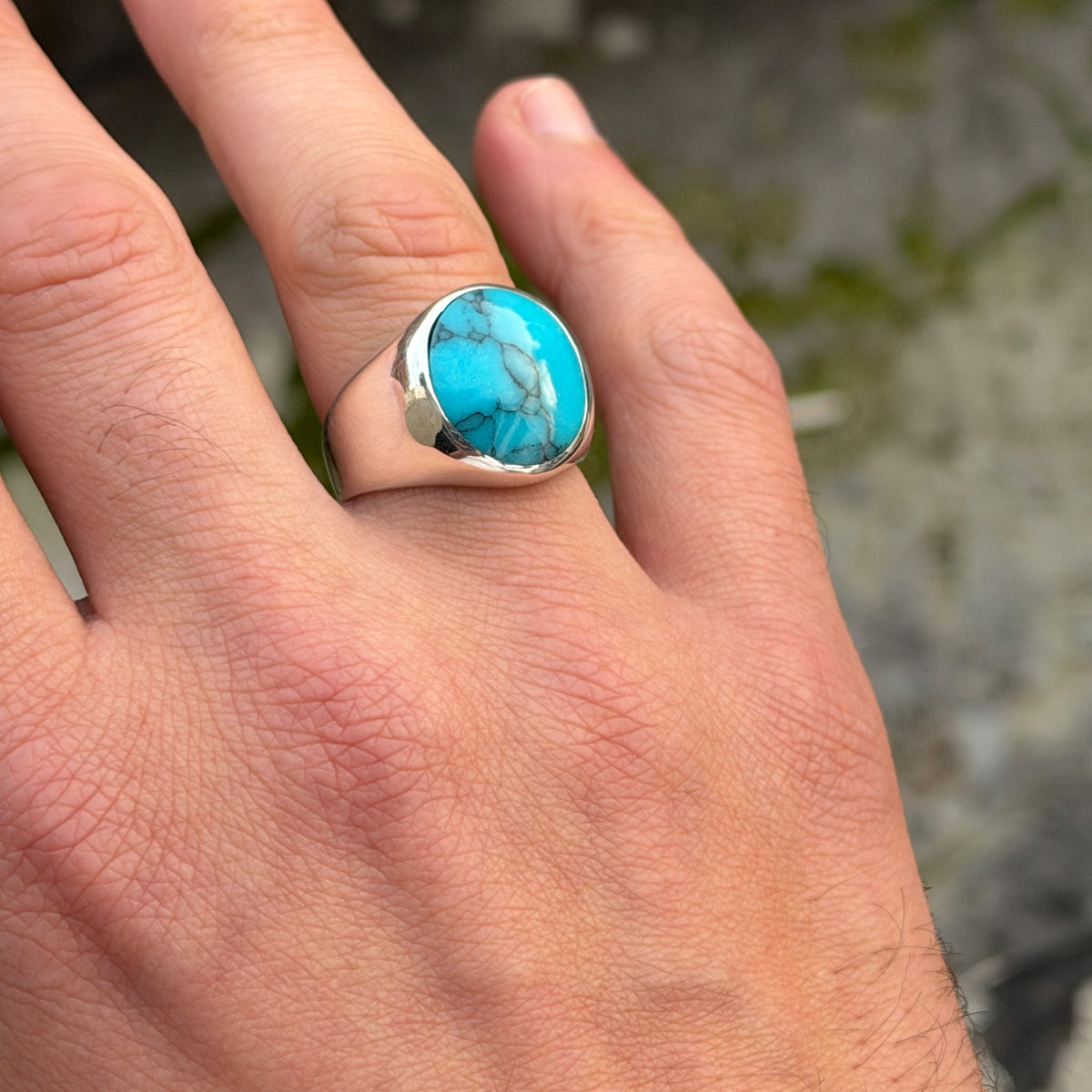 925 Silver Natural Turquoise Ring, Turquoise Signet Ring , Kingman Turquoise Men Silver Ring, Oval Gemstone Ring, Solid Sterling Silver Ring