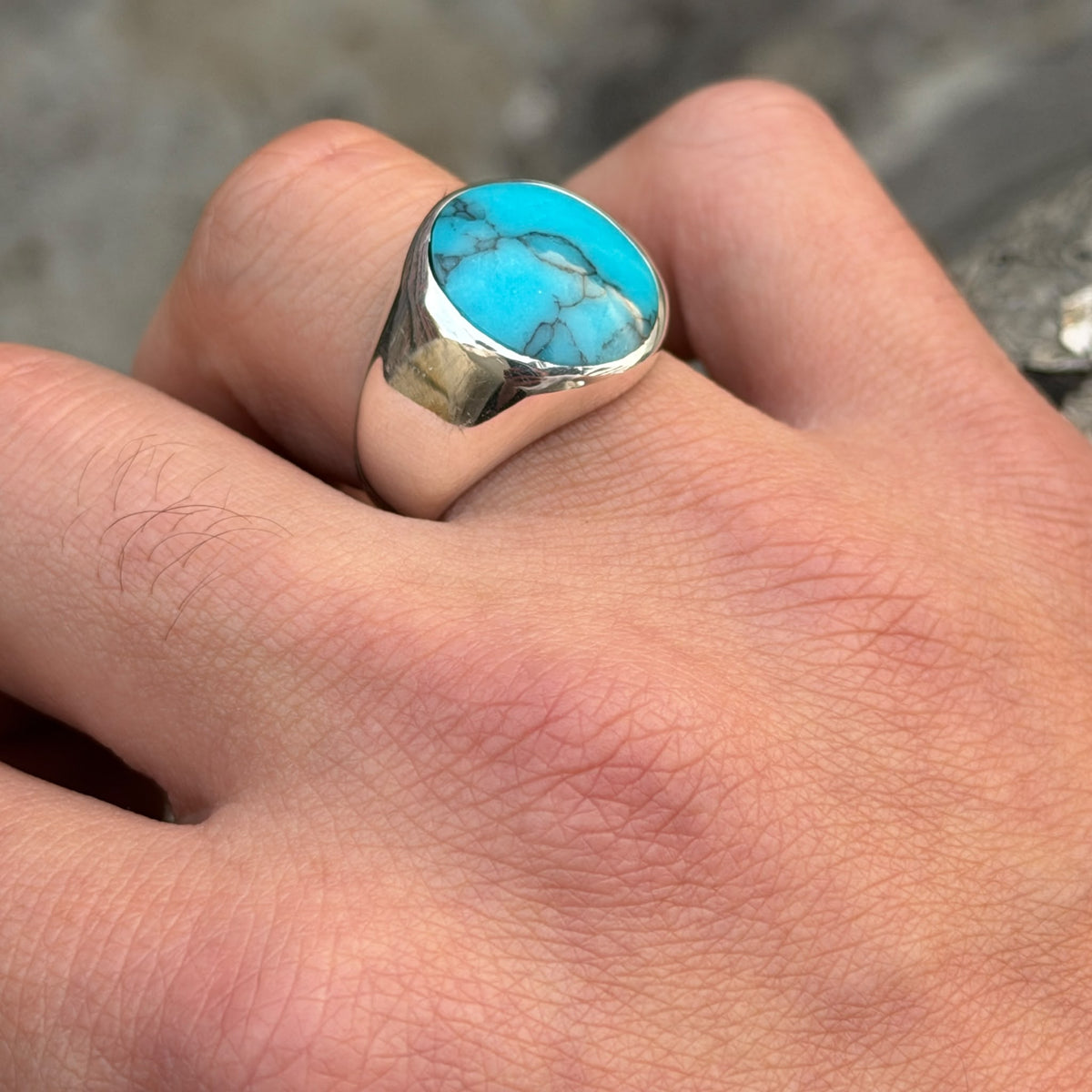 925 Silver Natural Turquoise Ring, Turquoise Signet Ring , Kingman Turquoise Men Silver Ring, Oval Gemstone Ring, Solid Sterling Silver Ring