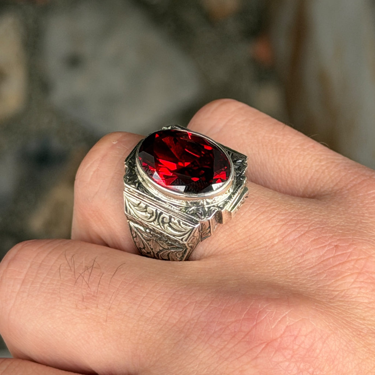 925 Silver Red Ruby Stone Ring, Engraved Red Gemstone Ring, Vintage Signet Garnet Ring, Vintage Mens Ring, Turkish Handmade 925 Silver