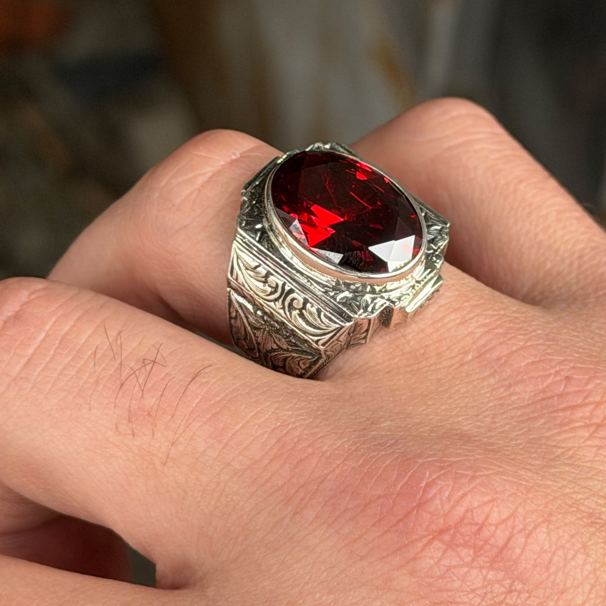 925 Silver Red Ruby Stone Ring, Engraved Red Gemstone Ring, Vintage Signet Garnet Ring, Vintage Mens Ring, Turkish Handmade 925 Silver