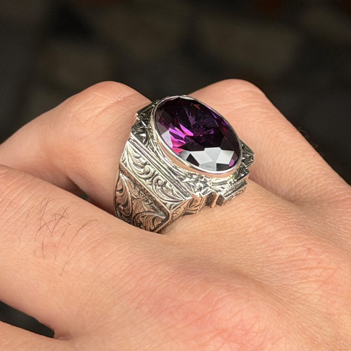 925 Silver Dark Amethyst Silver Ring, Engraved Vintage Men Ring, Gemstone Engagement Ring , Silver Handmade Ring , Sterling Silver Ring
