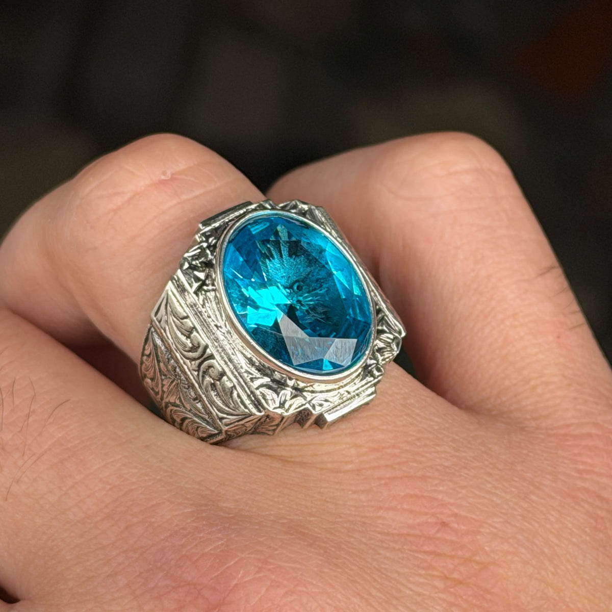 Men Silver Aquamarine Stone Ring, Hand Engraved Aquamarine Ring, Ottoman Style Blue Aquamarine Stone Ring , Vintage Men Ring, 925 Silver