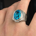 Men Silver Aquamarine Stone Ring, Hand Engraved Aquamarine Ring, Ottoman Style Blue Aquamarine Stone Ring , Vintage Men Ring, 925 Silver