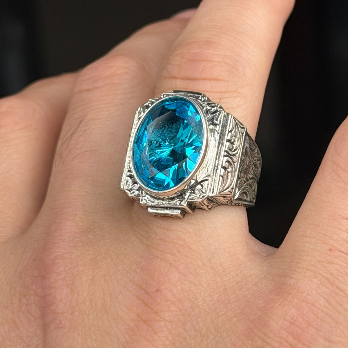 Men Silver Aquamarine Stone Ring, Hand Engraved Aquamarine Ring, Ottoman Style Blue Aquamarine Stone Ring , Vintage Men Ring, 925 Silver