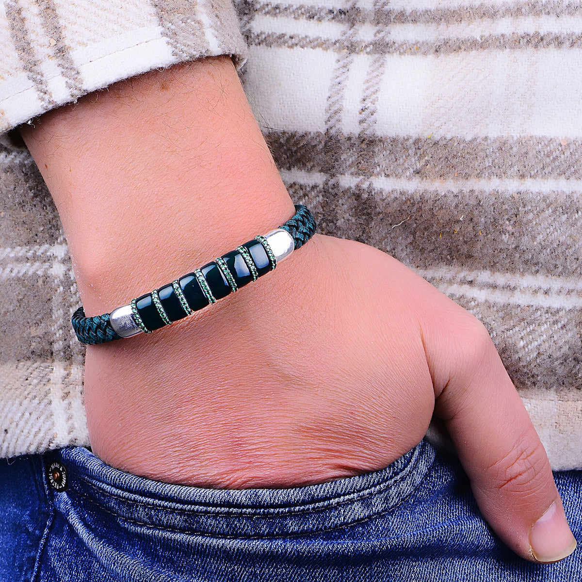 Men Silver Emerald Stone Leather Bracelet