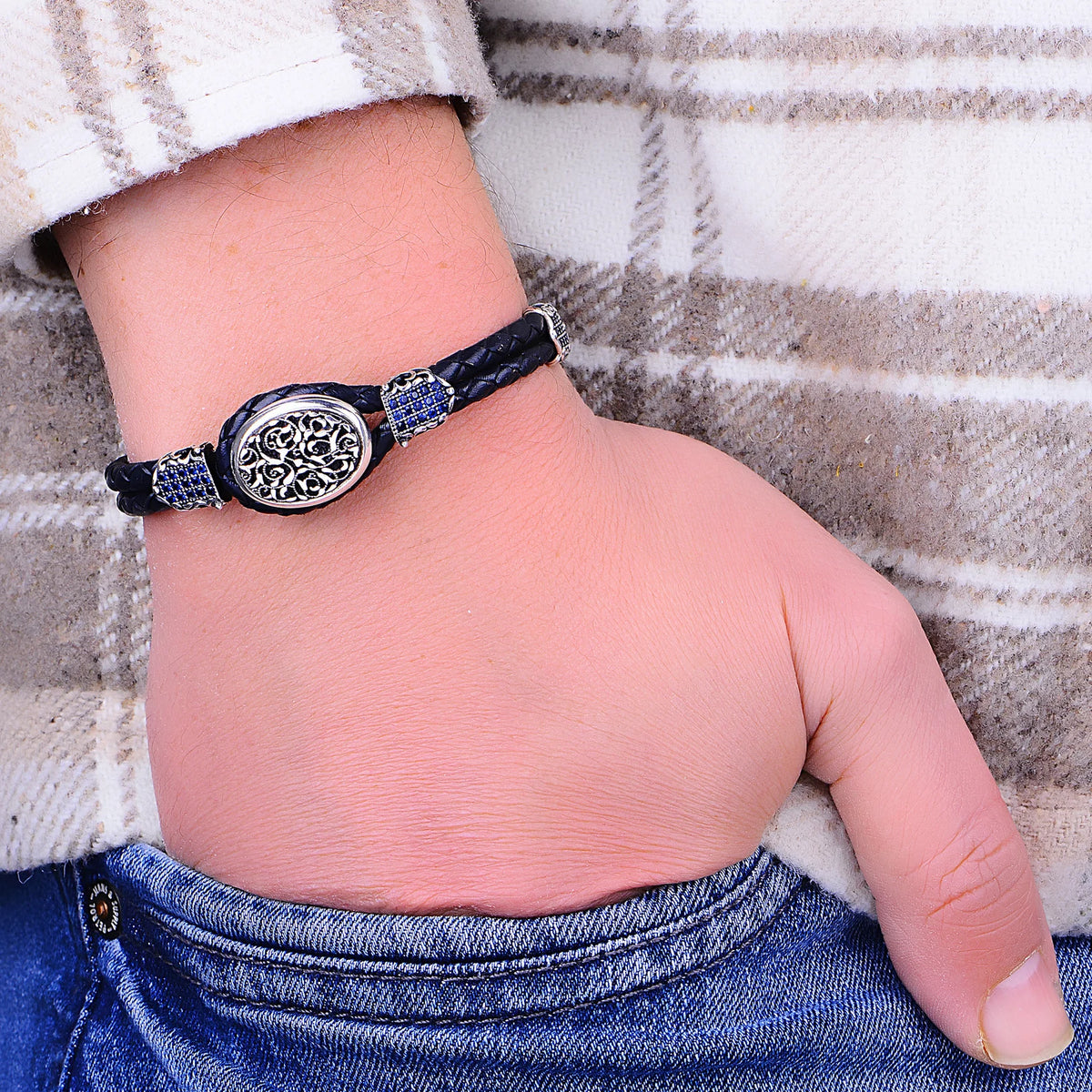 Handmade Silver Sapphire Stone Leather Bracelet