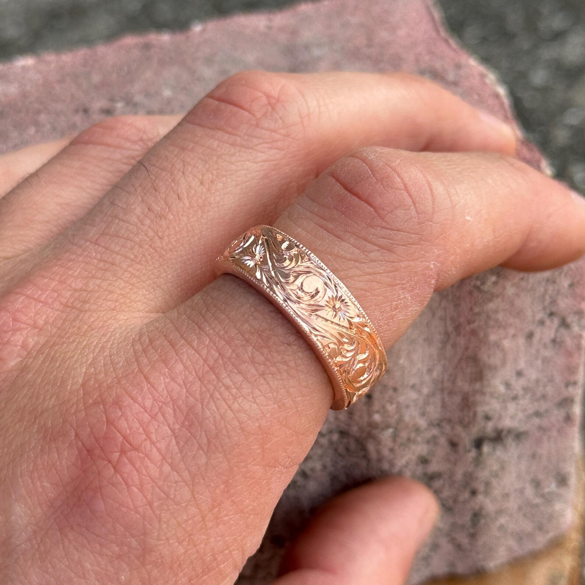 Vintage Rose Gold Engraved Band, Handmade Unique Floral Wedding Band