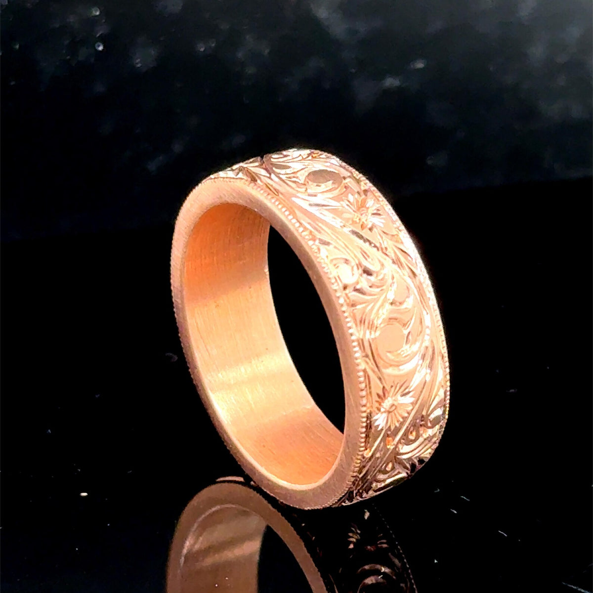 Vintage Rose Gold Engraved Band, Handmade Unique Floral Wedding Band